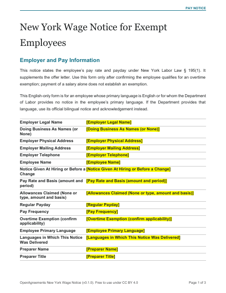 Wage Notice (New York Exempt Employees) template preview